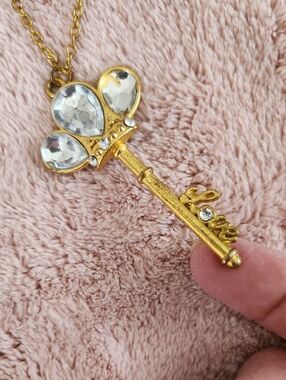 Gold Key Pendant Necklace with Clear Crystals - Women Jewelry